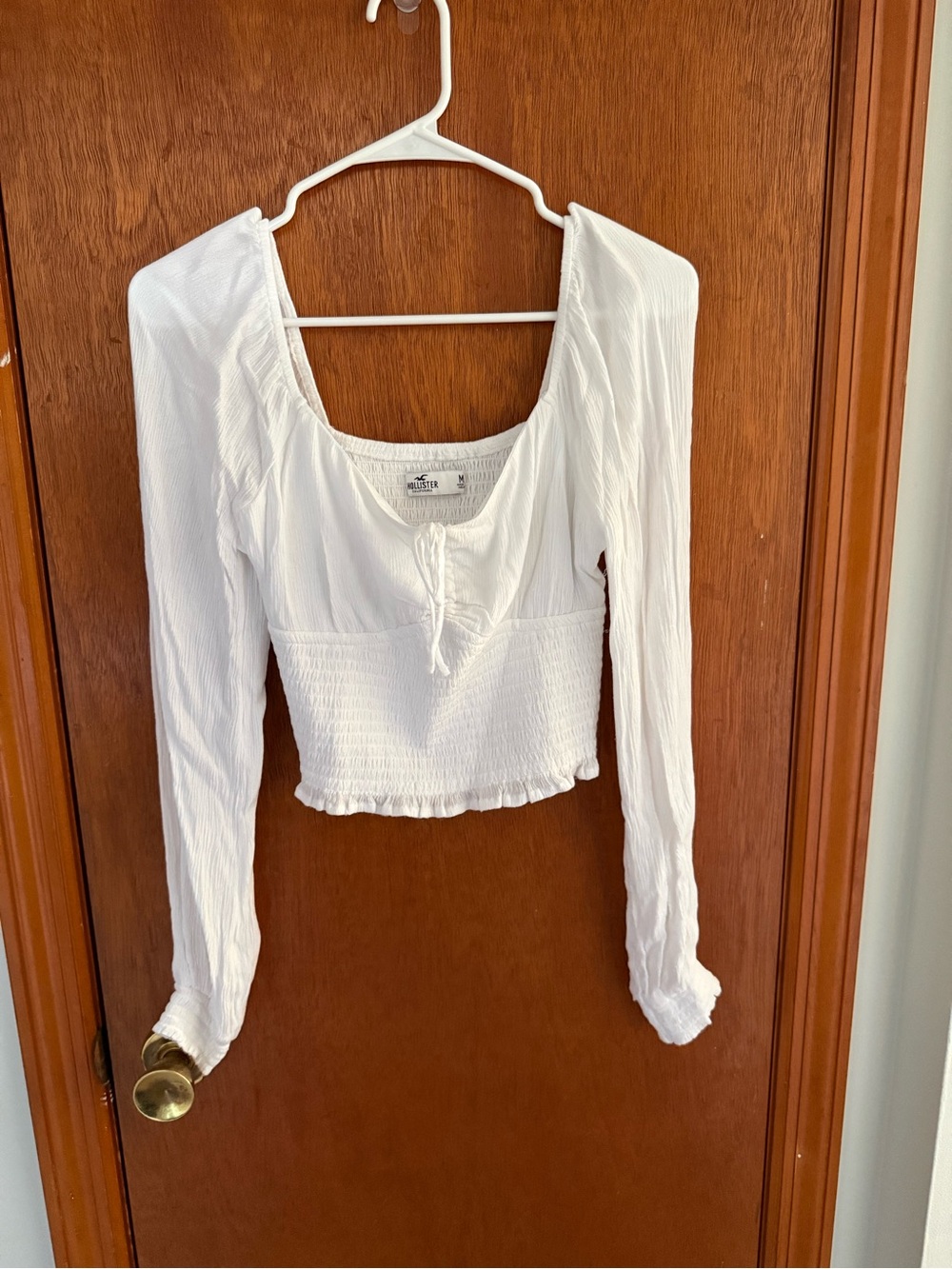 Hollister White Long-Sleeve Smocked Crop Top
